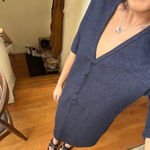 Navy Knit v neck dress with buttons